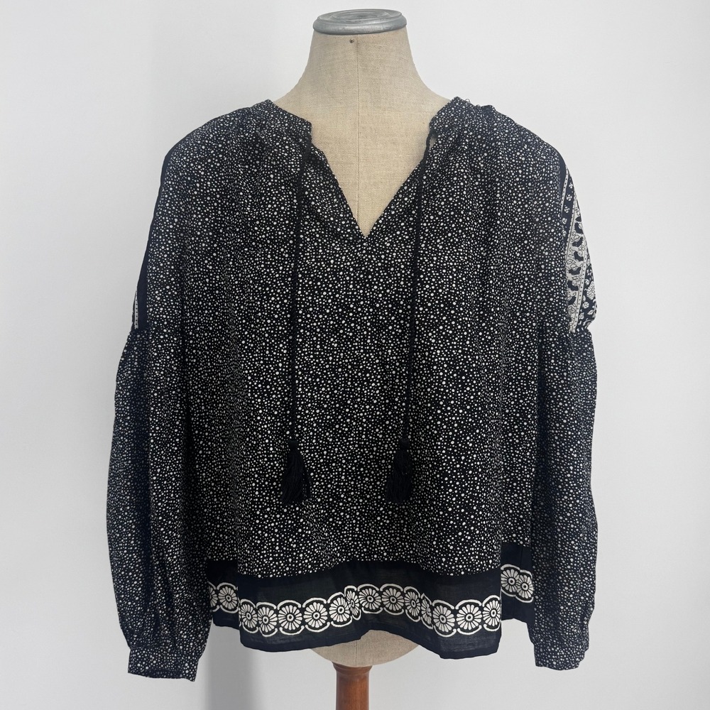Lucky Brand Peasant Blouse Womens Small Black Floral Dot Boho Tassel Top
